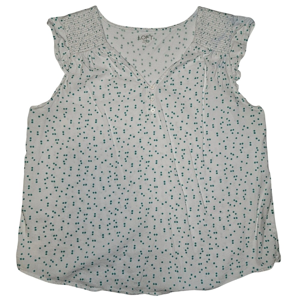 LOFT White Teal Dot Smocked Neck Cap Sleeve V-Neck Top Women's‎ Medium cotton